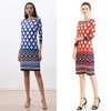 D090 Women Geometric print boat neck three quarter sleeves midi day dress 