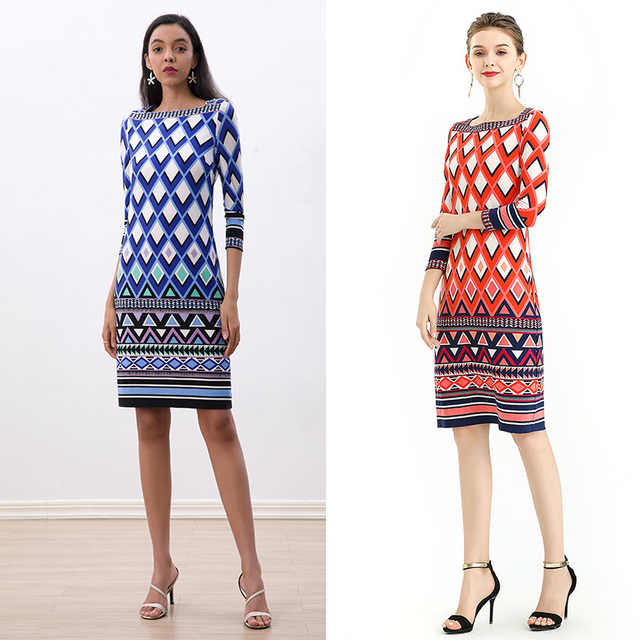 D090 Women Geometric print boat neck three quarter sleeves midi day dress 