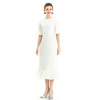 D095 Women Solid crepe short sleeves ruffle detailed straight cut midi dress