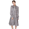 D140 Women flower print bow tie long puff sleeves tiered midi day dress