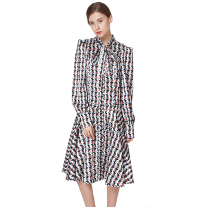 D140 Women flower print bow tie long puff sleeves tiered midi day dress