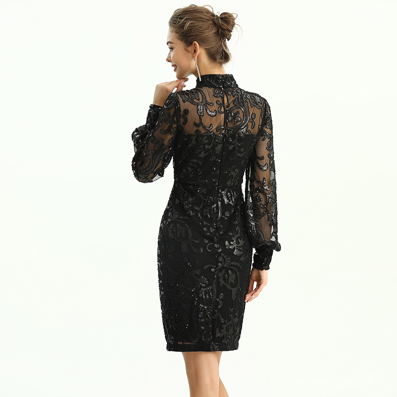 D162 Women Sequins and beads embellishment mock neck long puff sleeves fitted short evening dress