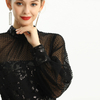 D124 Women sequin embellished organza mock neck long puff sleeves fitted midi evening dress