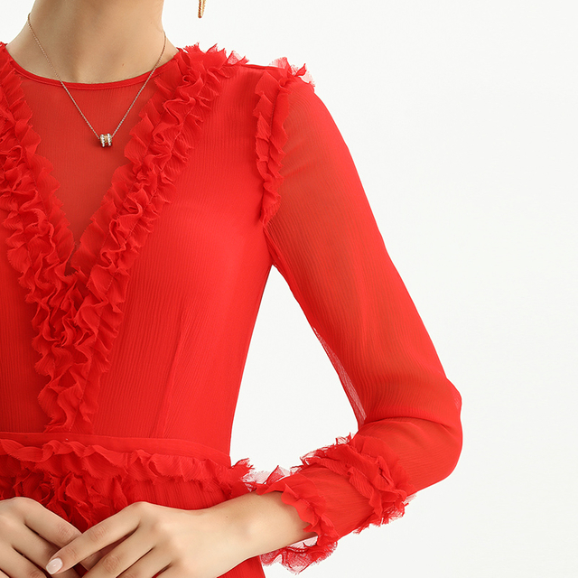 D084-2 Women Silk plissé chiffon three quarters sleeves ruffle detailed midi party dress