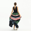 D198 Women Color block satin V neck pleated maxi evening dress