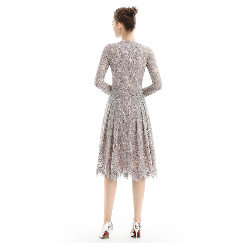 D080-4 Women Peony flower scallop lace long sleeves flared pleated party midi dress 