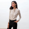T268 Women Paisley print jacquard satin band collar neck tie puff sleeves blouse