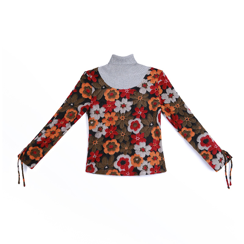 T246 Women Two-in-one flower jacquard-knit turtleneck long sleeves pullover tops