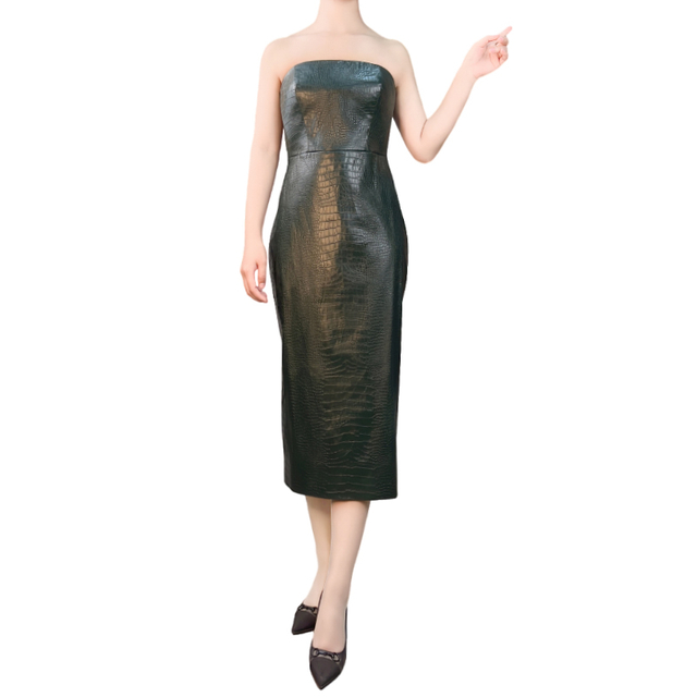 D339 Women croc embossed faux-leather strapless tight fit tube dress
