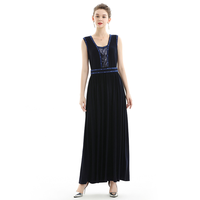 H08 Women Solid knit sleeveless embroidered and sequin embellished maxi evening dress