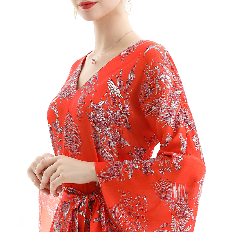 D057 Women Floral print three-quarter sleeves tiered design midi dress