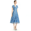 D062-8 Women 2-tone eyelet lace V neck cap sleeves flared midi evening dress