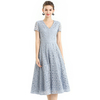 D062-4 Women medallion lace pattern V neck cap sleeves flared midi evening dress