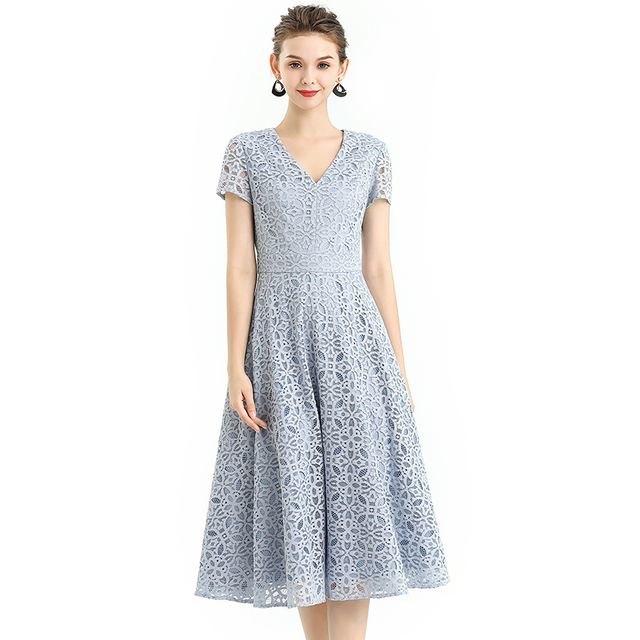 D062-4 Women medallion lace pattern V neck cap sleeves flared midi evening dress