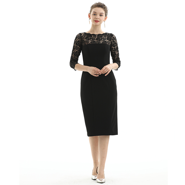 D072 Women Polyester knit scallop lace panel three-quarter sleeves fitted party midi dress