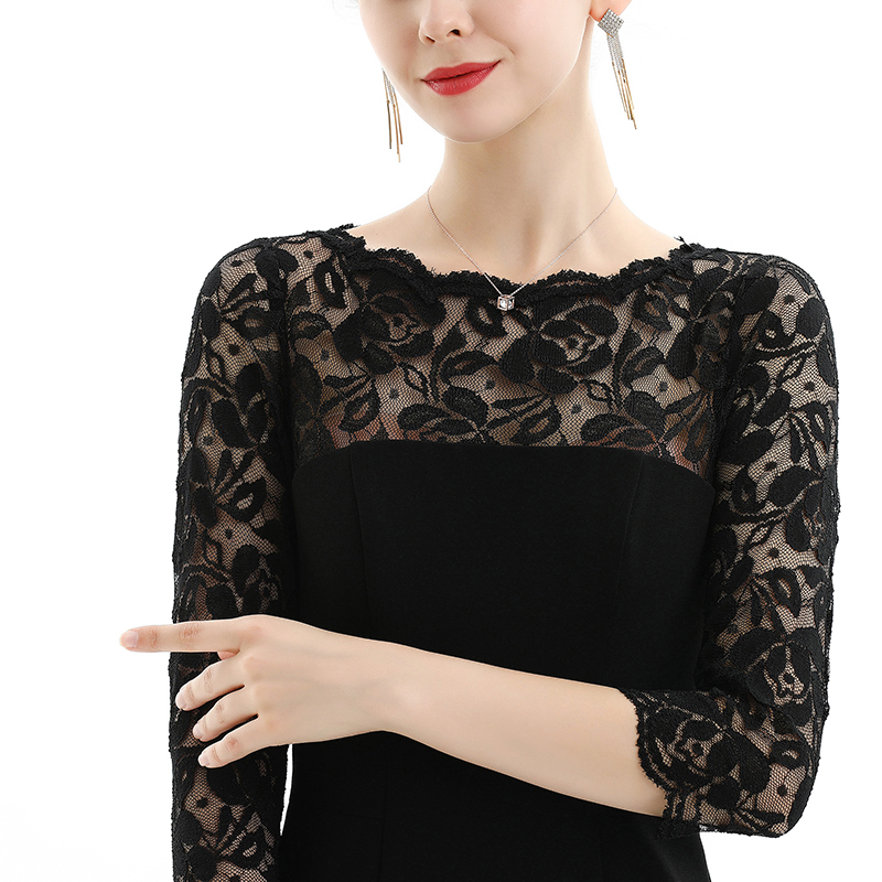 D072 Women Polyester knit scallop lace panel three-quarter sleeves fitted party midi dress
