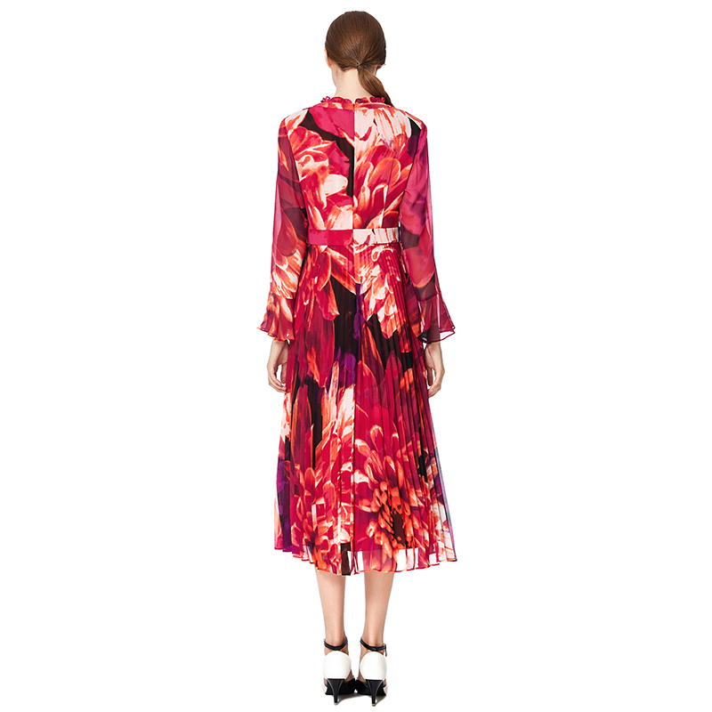 D036 Women flower print chiffon long sleeves pleated midi day dress