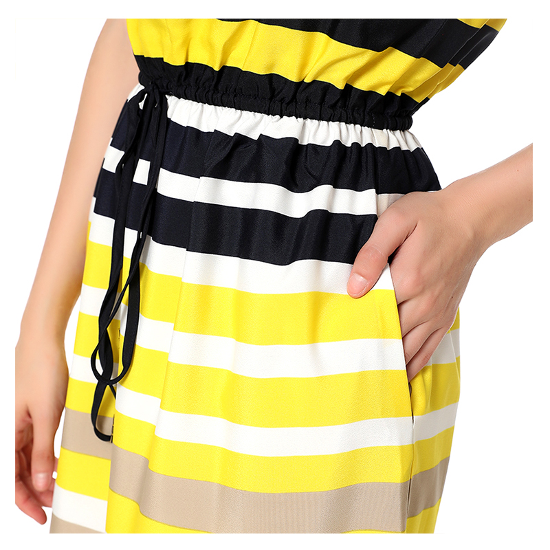 D039 Women Stripe print round neck sleeveless tie-waist straight-cut mini dress