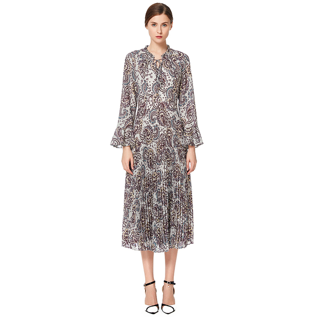 D037 Women Paisley print long sleeves sunburst pleated midi day dress