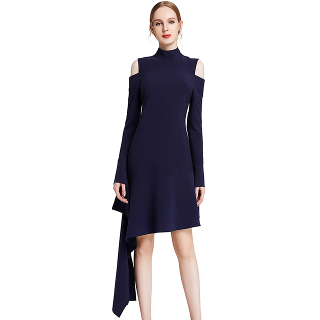 D008 Women Solid long sleeve cut out asymmetric hem mini party dress