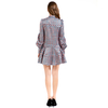 D011 Women Check print silk cotton long puff sleeves mini day dress
