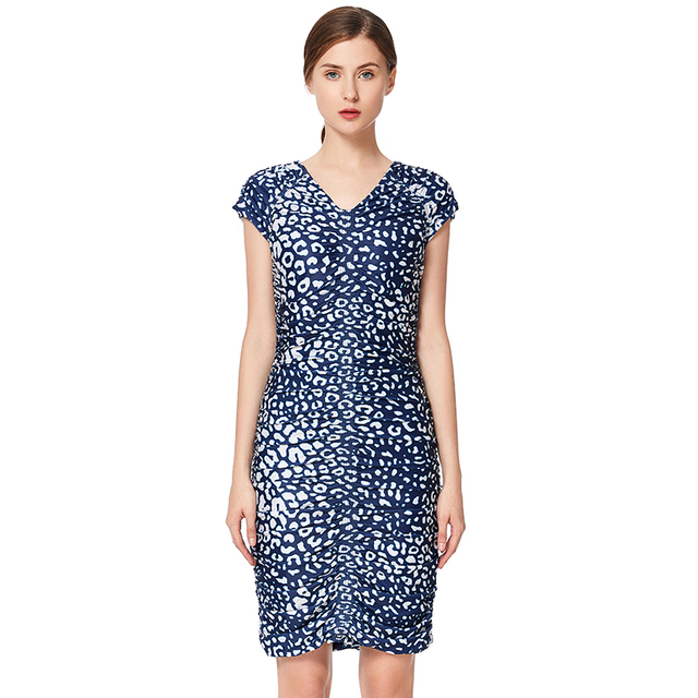 D019 Women Animal print V neck cap sleeves fitted mini day dress
