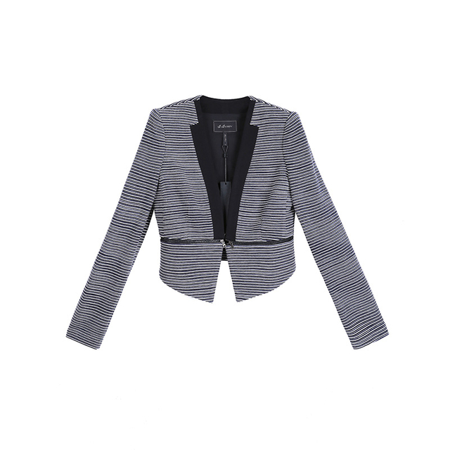H312 Women Stripe knit long sleeve zipper-waisted cropped jacket 