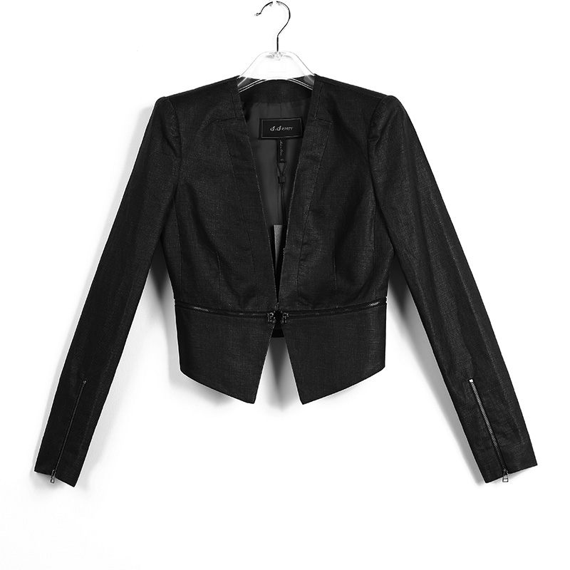 F891 Women Solid twill V neck long sleeve zipper-waisted cropped jacket 