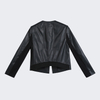 J108 Women faux leather V neck ribbed back hem short jacket