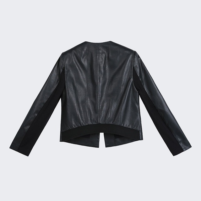 J108 Women faux leather V neck ribbed back hem short jacket