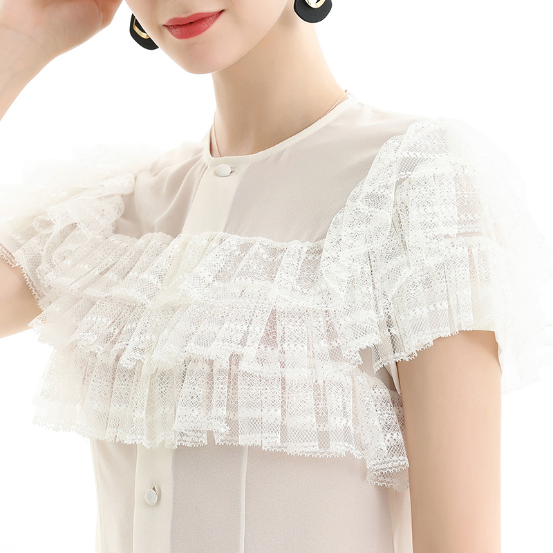 T066 Women Chiffon round neck short sleeve ruffled lace tiered blouse