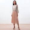 T228 Women 2-tone floral eyelash lace long bell sleeves scallop hem blouse