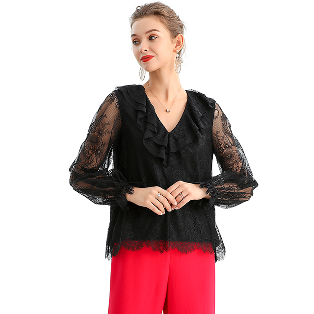 T150 Women Floral lace V-neck ruffled detail long sleeve blouse