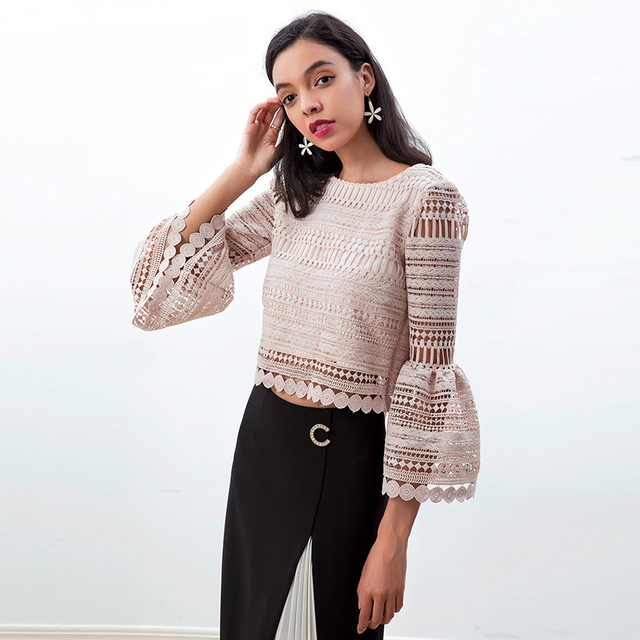 T228-1 Women Macramé lace multi stripes geometric pattern bell sleeves blouse