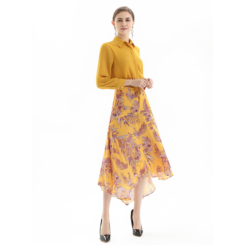 S070-1 Women Floral print wrap design panelled asymmetric casual midi skirt