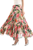 S069-2 Women Floral print panelled asymmetric pleated ruffle long flare skirt