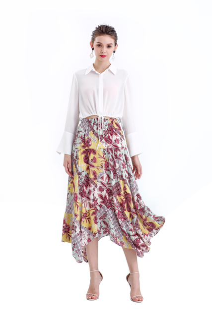 S068-5 Women Vintage print asymmetric panelled long flare handkerchief skirt