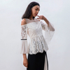 T121 Women Floral eyelash lace Swiss-dot combo long sleeves cold shoulder party peplum Blouse