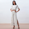 T122 Women floral lace boat neck Swiss-dot tulle ruffled short sleeves blouse