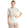 T122-2 Women 2-tone floral lace boat neck ruffled short sleeves blouse
