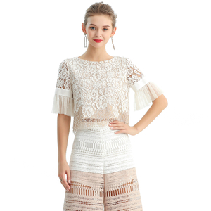 T122-2 Women 2-tone floral lace boat neck ruffled short sleeves blouse