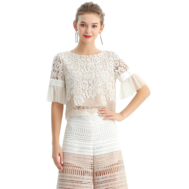 T122-2 Women 2-tone floral lace boat neck ruffled short sleeves blouse