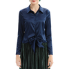 T043 Women Stretch satin shirt collar waist tie long sleeves blouse