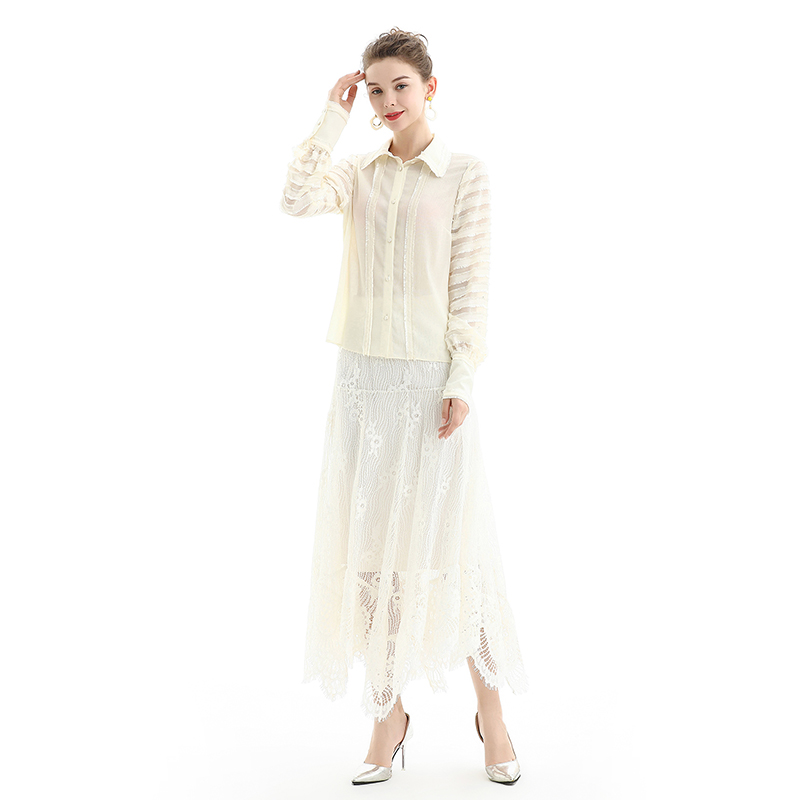 T034 Women Crinkle Polyester shirt collar fringed stripes detailing long sleeves blouse