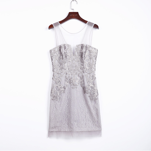 Y964 Women Floral lace round neck sequin motif fitted mini evening dress