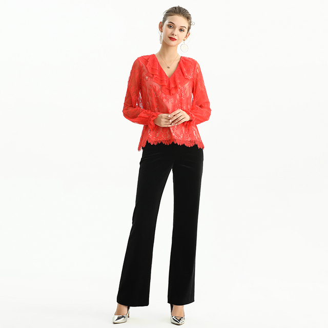P147 Women stretch velvet mid-rise straight leg tailored trousers