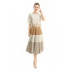 S125 Women Faux suede color-block full circle sunburst pleated midi skirt