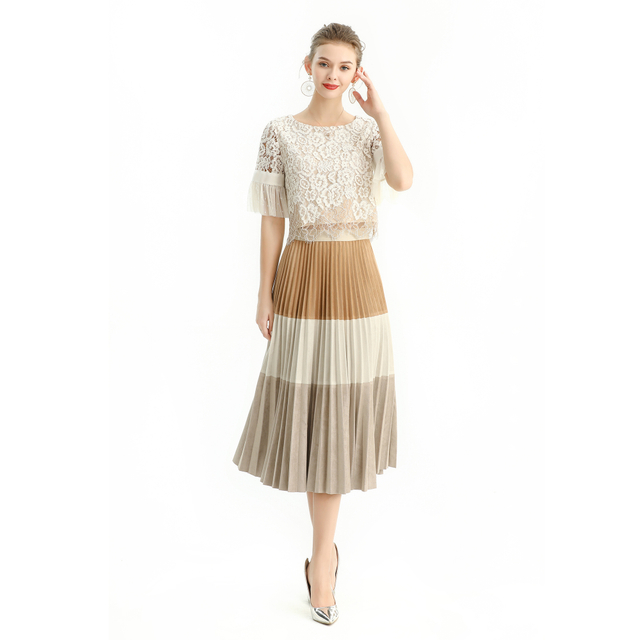 S125 Women Faux suede color-block full circle sunburst pleated midi skirt