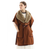 C118 Women Wool combo faux leather trim faux fur collar belted cape coat