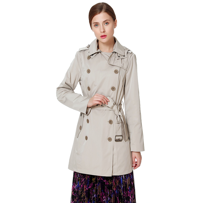 C141 Women Water resistant notch collar hooded double breasted trench coat.